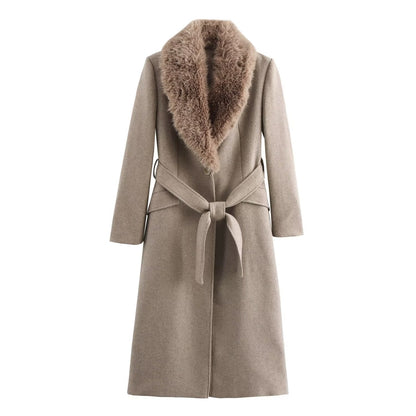 Women's Temperament With Belt Warm Fur Collar Coats