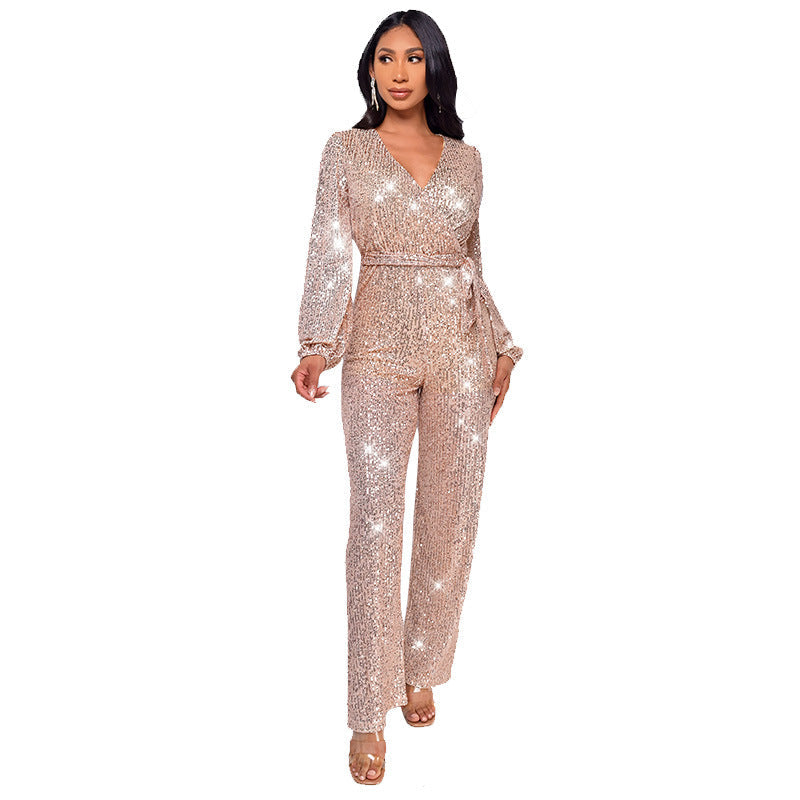 Women's Deep V Fashion Casual Long Sleeve Jumpsuits