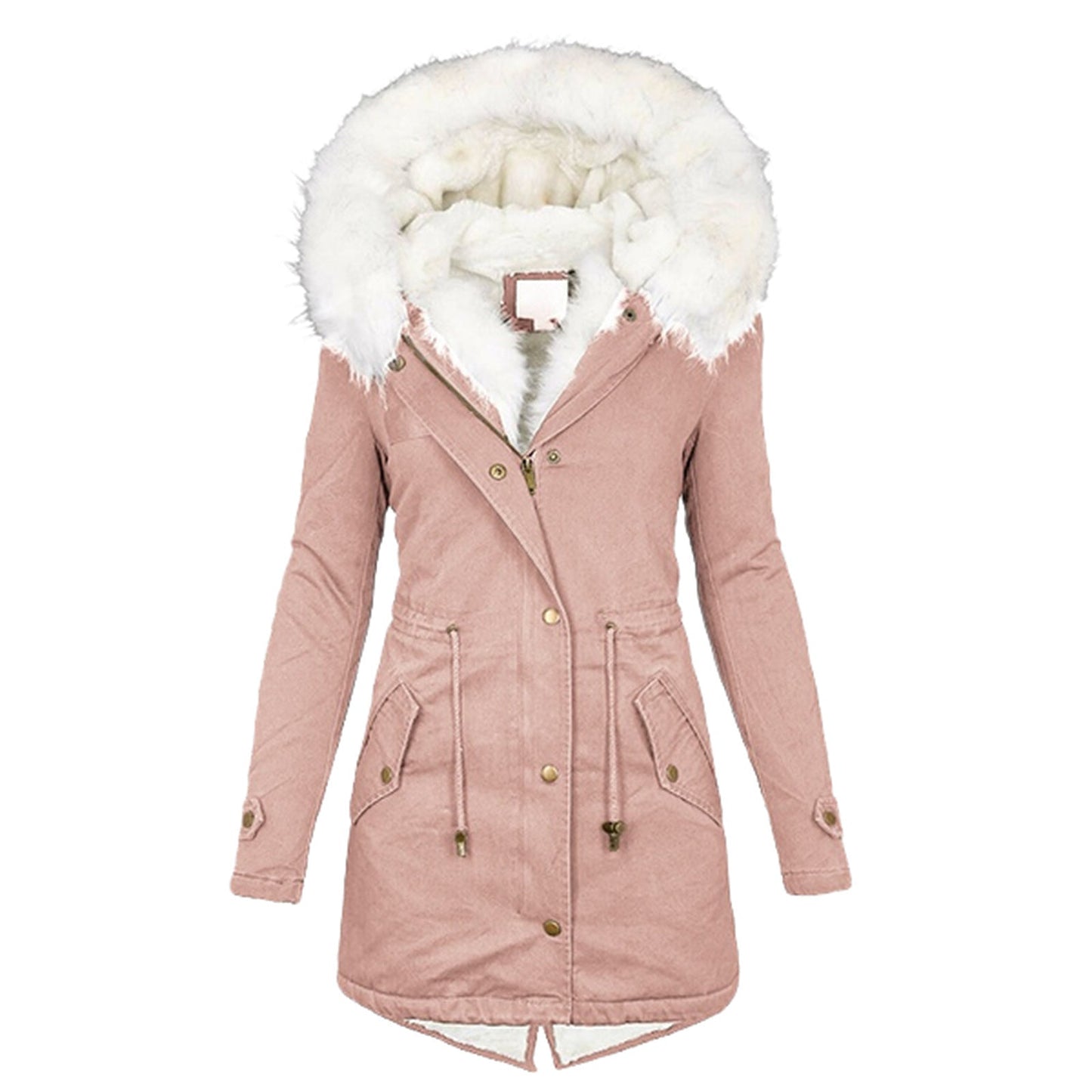 Women's Mid-length Trench White Fur Collar Hood Coats