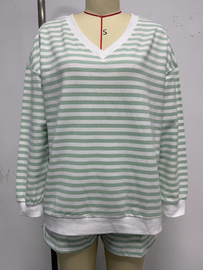 Women's Striped Casual Long-sleeved Elastic Waist Suits