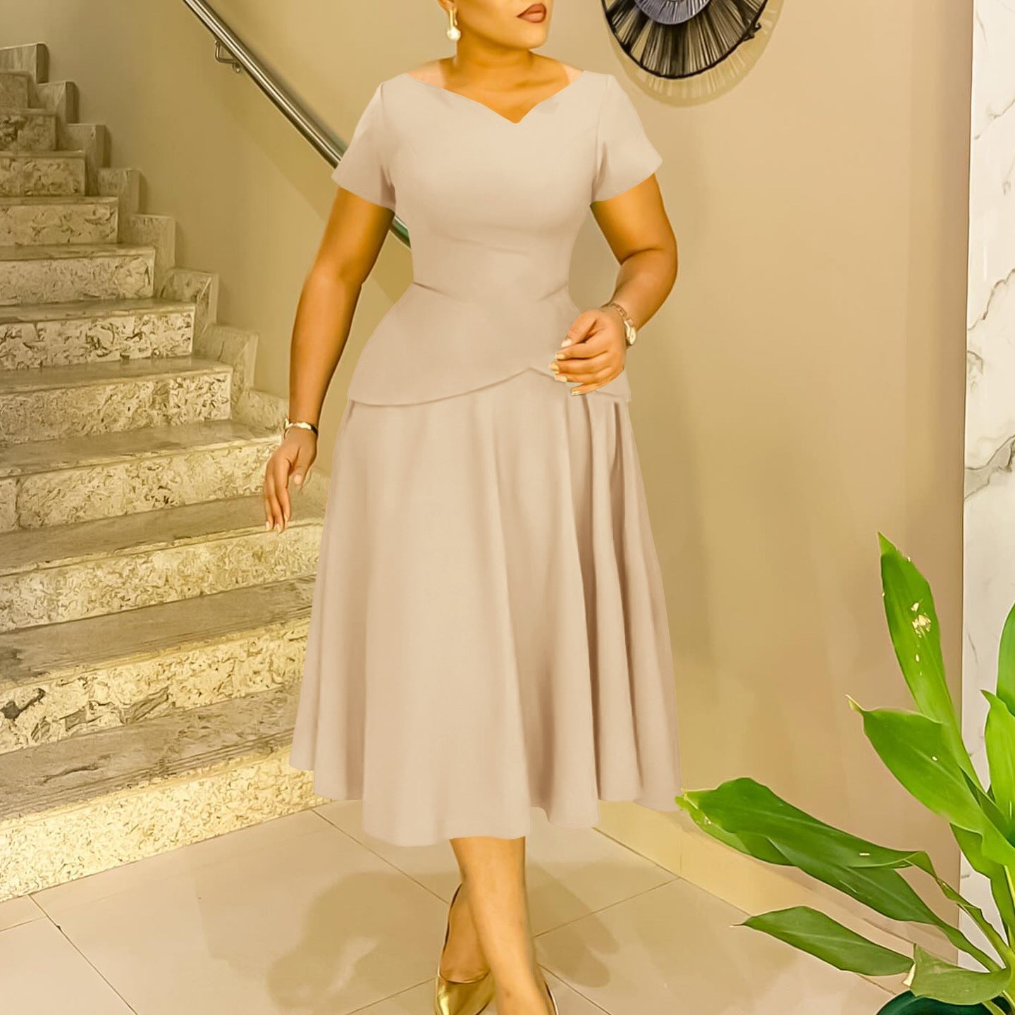 Solid Color Sleeve A- Line Large Dresses