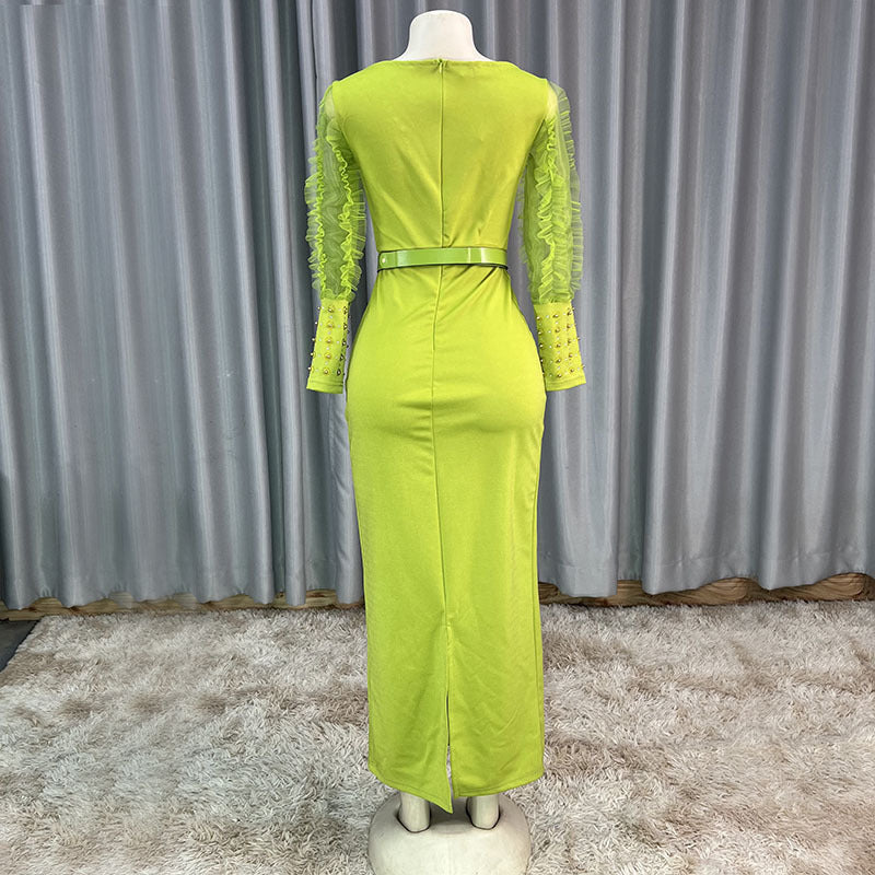 Women's Rhinestone Beaded Puff Sleeve Long Slim Dresses