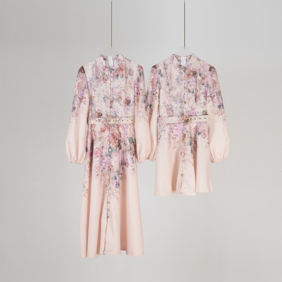Style Stand-up Collar Puff Sleeve Single-breasted Positioning Dresses