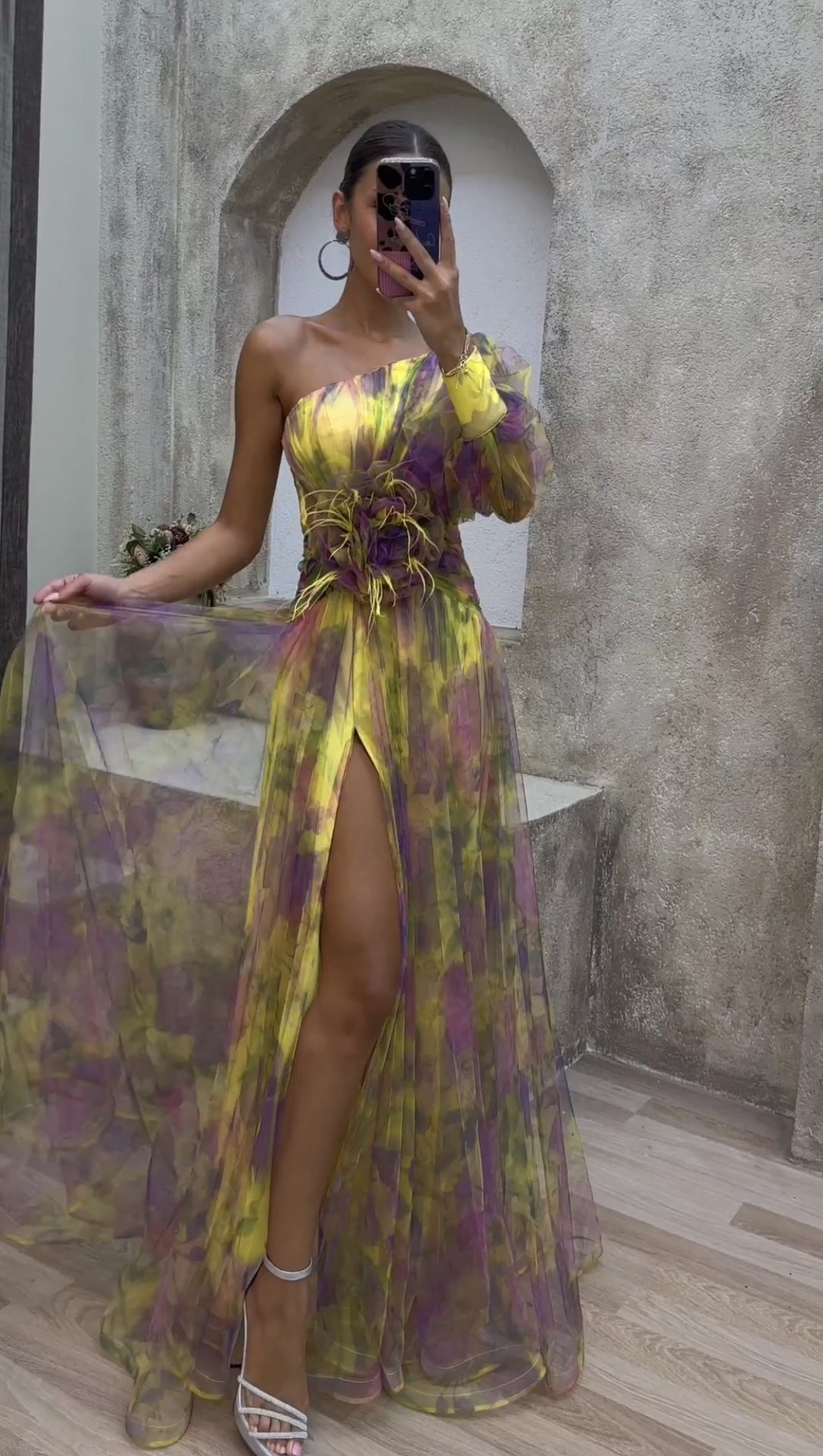 Women's Shoulder Long Sleeve Floral Yarn Dress Dresses