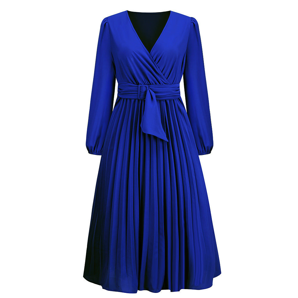 Women's Long Sleeve Pleated Belt Dress A- Dresses