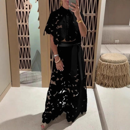 Summer Hollowed Leisure Lace Shirt Trousers Suits