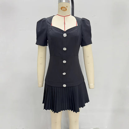 Women's Vintage Style Single-breasted Black Dress Button Dresses