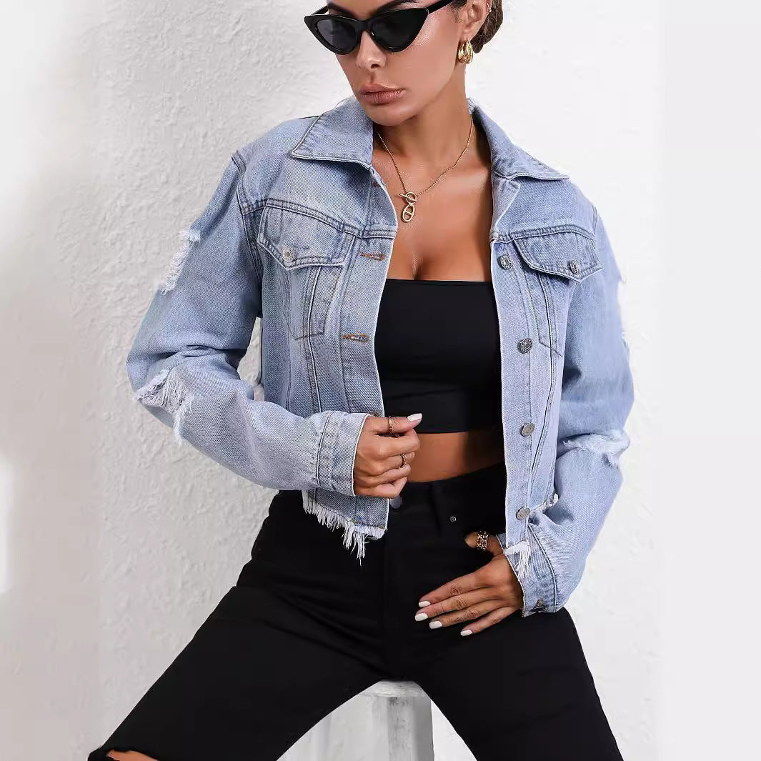 Women's Casual Loose Hole Long Sleeve Denim Coats