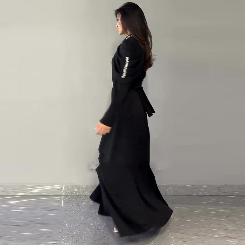 Women's Elegant Collar Open Diamond Black Long Dresses
