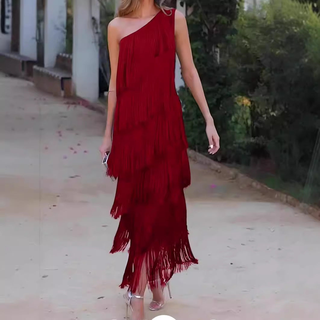 Classy Fashion Tassel Shoulder Asymmetric Dress Dresses