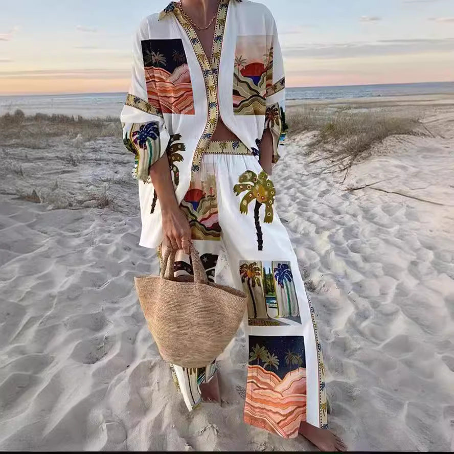 Women's Digital Flower Hawaiian Vacation Style Shirt Suits