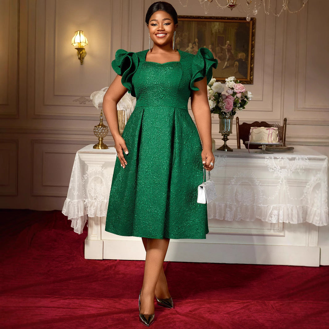 Elegant Jacquard Square Collar Dress Lotus Leaf Three-dimensional Dresses