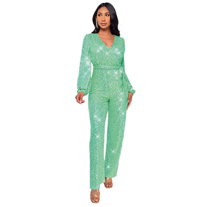 Women's Deep V Fashion Casual Long Sleeve Jumpsuits