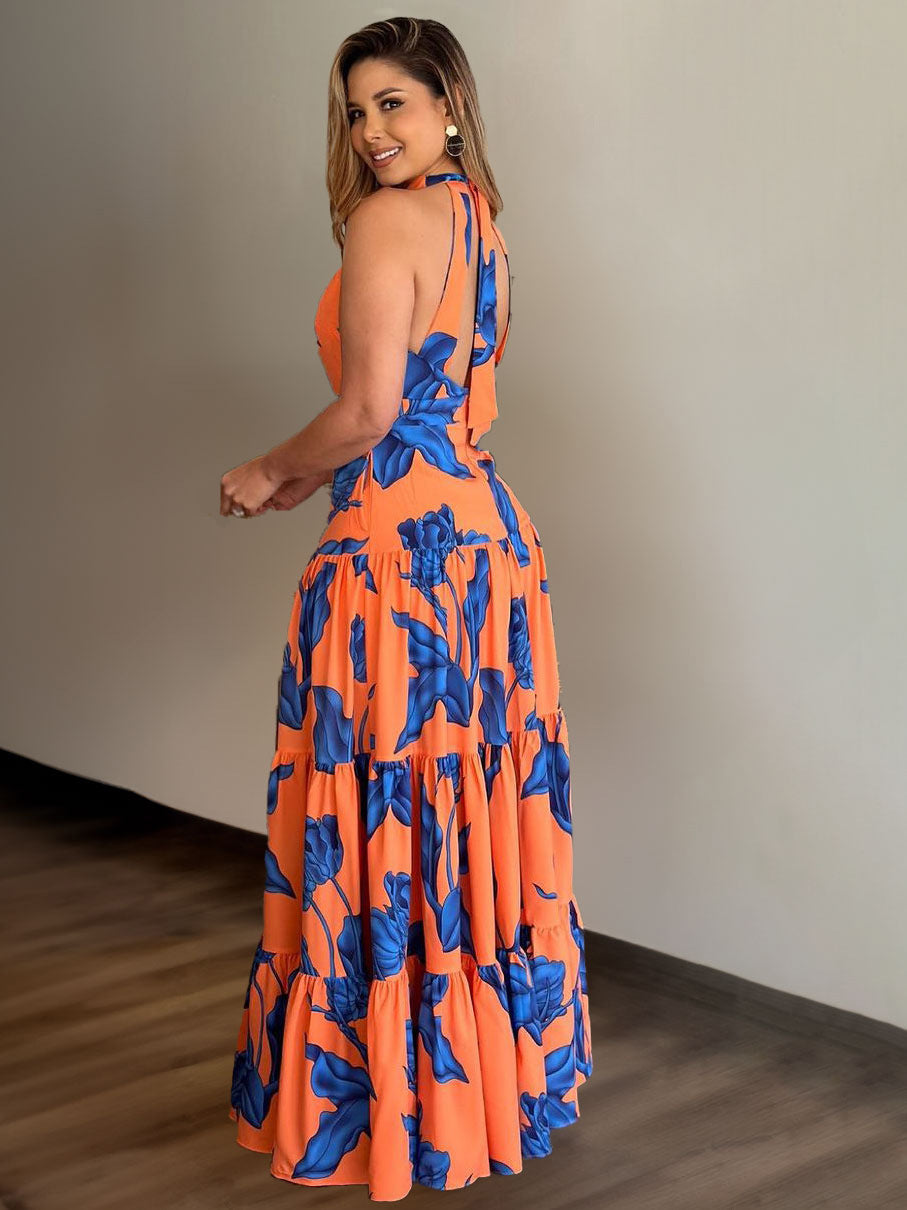 Women's Printed Elegant Halter Large Swing Dress Dresses