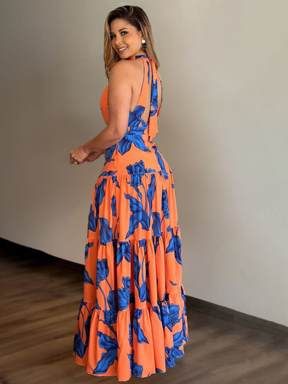 Women's Printed Elegant Halter Large Swing Dress Dresses