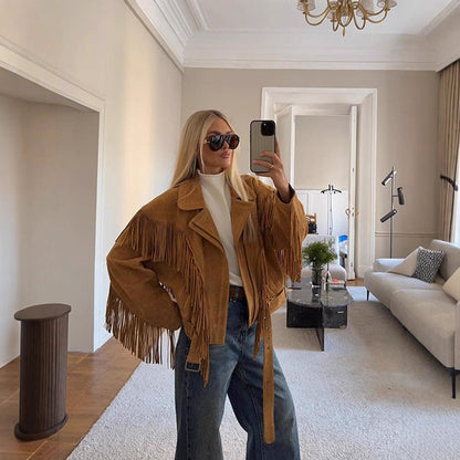 Women's Retro Style Lapel Tassel Wide Shoulder Coats