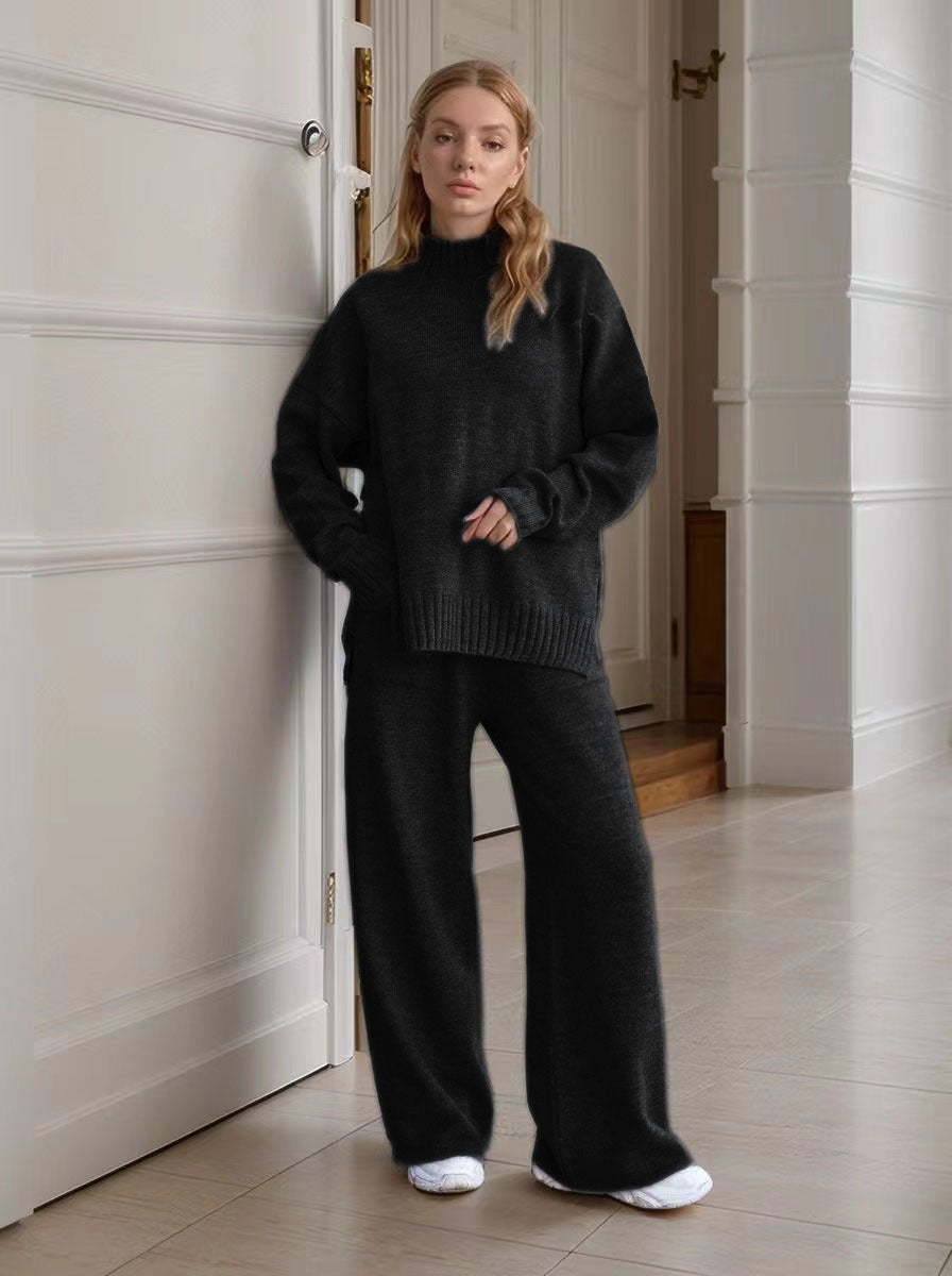 Women's Knitted Turtleneck Loose Long Sleeve Trousers Suits