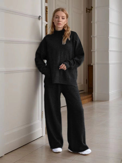 Women's Knitted Turtleneck Loose Long Sleeve Trousers Suits