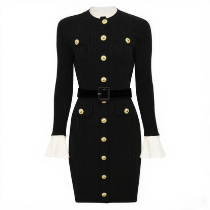 Long Sleeve Round Neck Belt Knitted Dresses