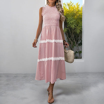 Women's Sleeveless Long Jumper Dress Smocking Striped Dresses