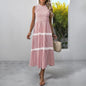 Women's Sleeveless Long Jumper Dress Smocking Striped Dresses