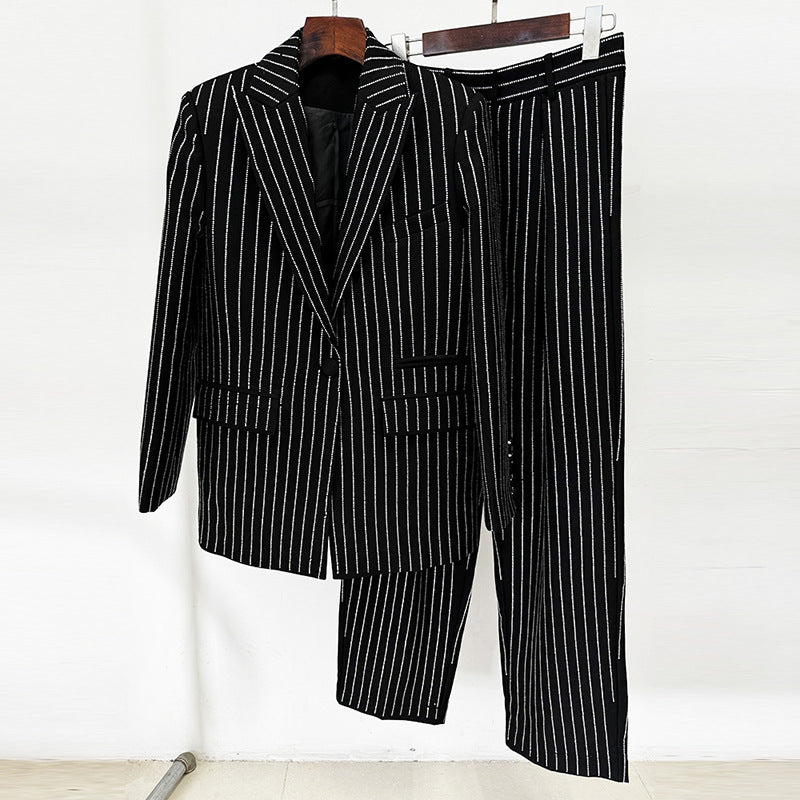 Pretty Elegant Loose Rhinestone Trousers Two-piece Suits