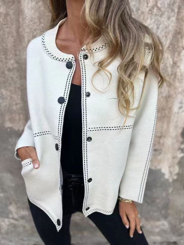 Striped Loose Round Neck Button Long Sweaters