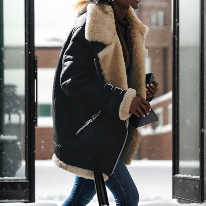 Women's Motorcycle Suede Lamb Wool Lapel Fur Coats