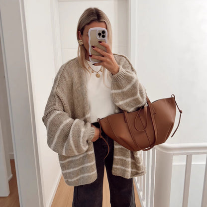 Women's Loose Contrast Color Striped Embroidery Knitted Sweaters