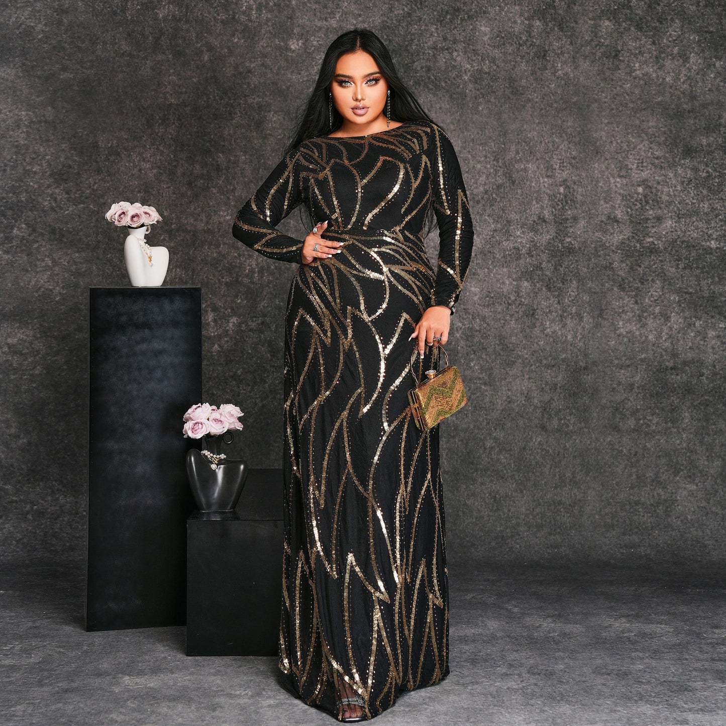 Women's Long Style Sleeve Round Neck Banquet Sexy Dresses