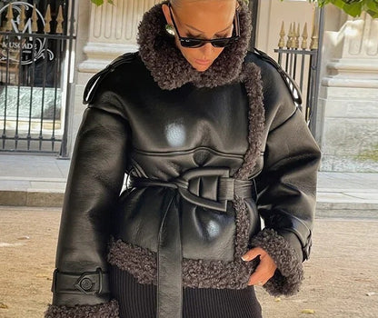 Women's Classy Creative Belt Waist Fur Jackets
