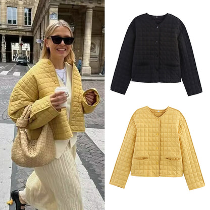 Round Neck Long Sleeve Single-breasted Plaid Coats