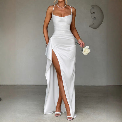 Women's Autumn Elegant Satin Dress Sleeveless Split Dresses