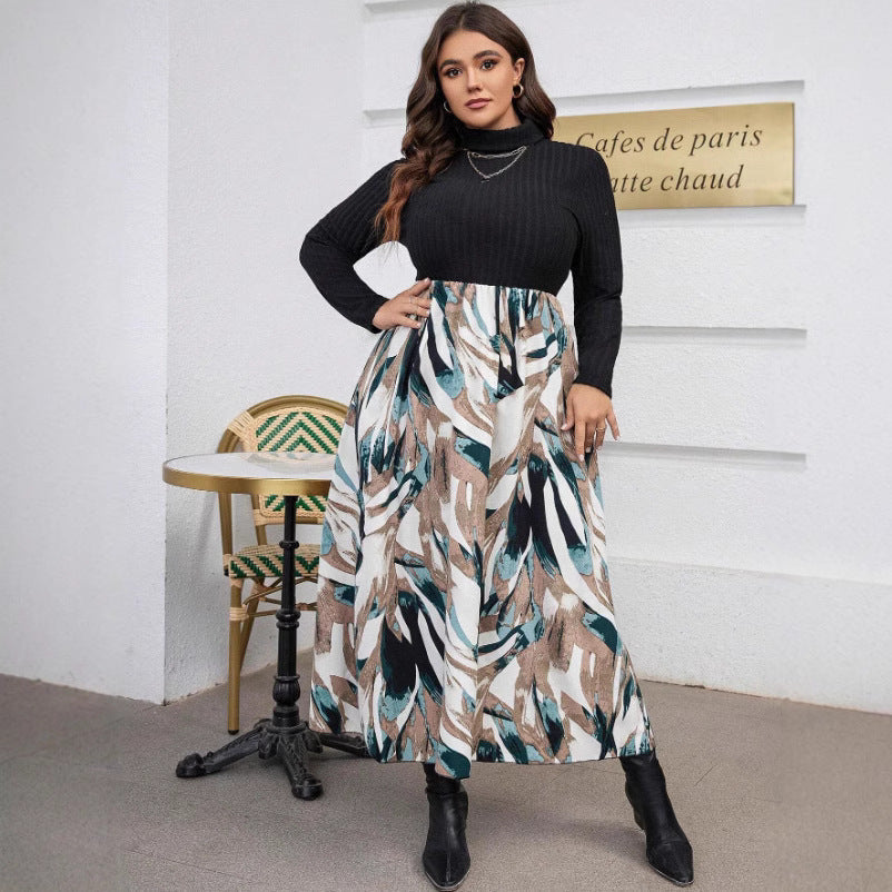 Women's Long Dress Multicolor Printing Turtleneck Fat Dresses