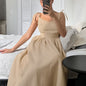 Women's Khaki Cotton Linen Sleeveless Holiday Mid-length Tied Clothing