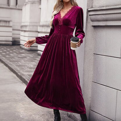 Classy Solid Color Veet Long-sleeved Dress Dresses