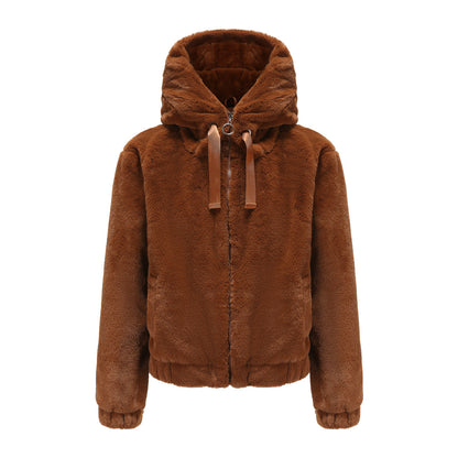 Women's Plush Hooded Long Sleeve Cotton Solid Coats