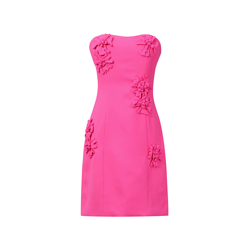 Women's Style Rose Pink Tube Three-dimensional Flower Decoration Summer Fashion Dresses