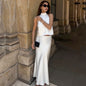Acetate Satin White Sleeveless Halter Fishtail Suits