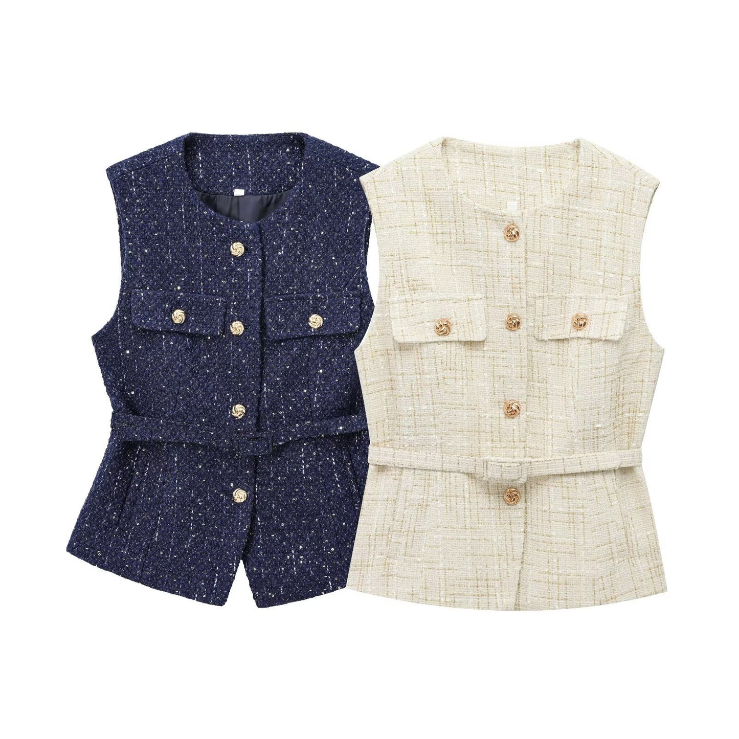 Women's French Design With Belt Sequin Decorative Coats