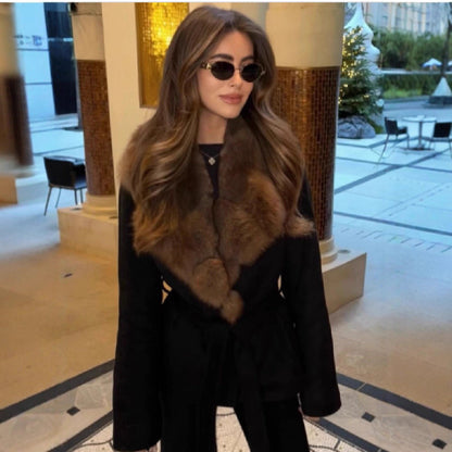 Fur Collar Waist Trimming Lace Up Coats