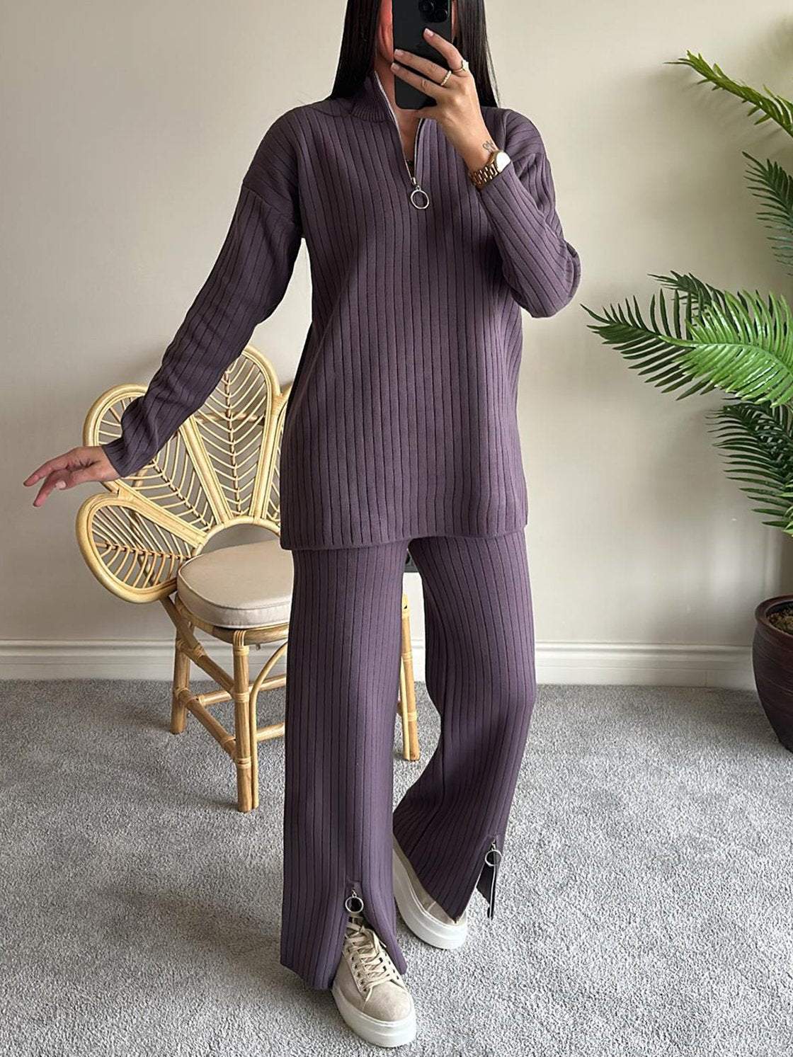 Women's Color Zipper Knitting High Neck Ribbing Suits
