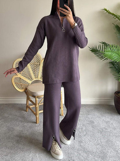 Women's Color Zipper Knitting High Neck Ribbing Suits