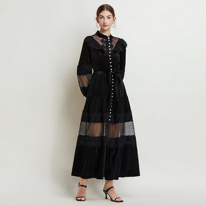 Women's Fashion Stand Collar Pearl Single-breasted Lace Stitching Dresses