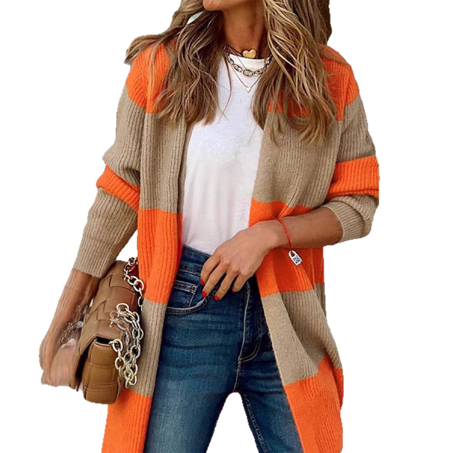 Women's Contrast Color Striped Casual Mid-length Knitted Sweaters