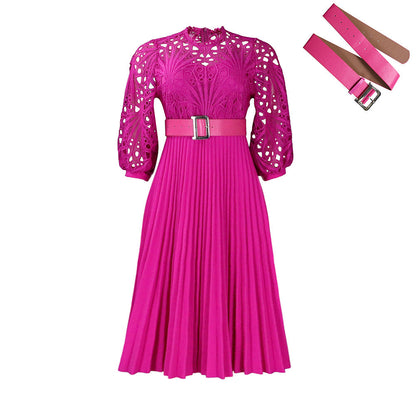 Women's Lace Crochet Sexy Cutout Pleated Stitching Dresses