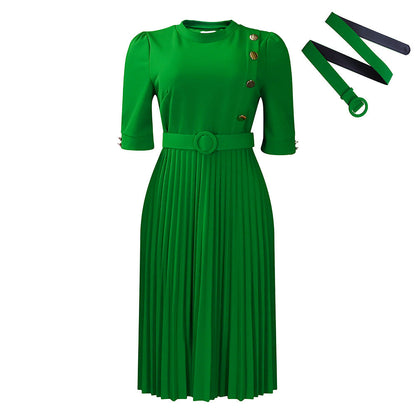 Women's African Temperament Pure Color Pleated Button Dresses