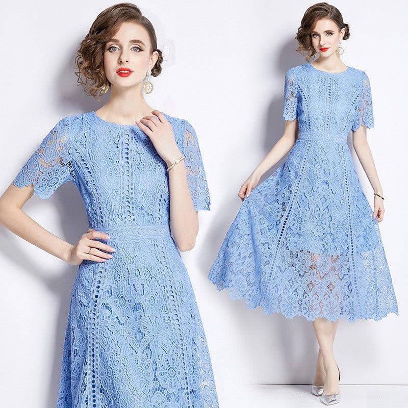 Women's Short-sleeved Lace Dress Mid-length Crocheted Hollowed Purple High Dresses