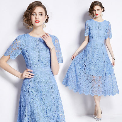Women's Short-sleeved Lace Dress Mid-length Crocheted Hollowed Purple High Dresses