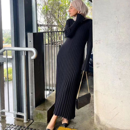 Women's Sleeve Round Neck Sunken Stripe Knitted Dresses